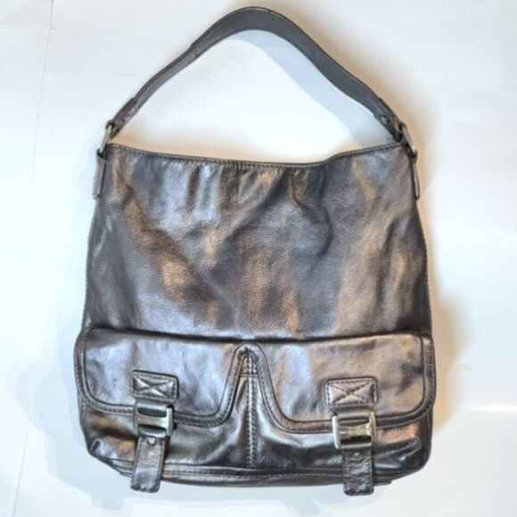 Michael KORS Metallic Leather Shoulder Bag Pebbled Dark Silver Slouchy Hobo - Picture 1 of 16